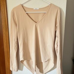 Nude V-Neck Long Sleeve Bodysuit Women’s XL Snap Closure Cotton Blend